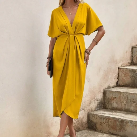 Luxe Deep V neck Batwing Sleeve Ruched Midi Dress - Picture 2 of 5